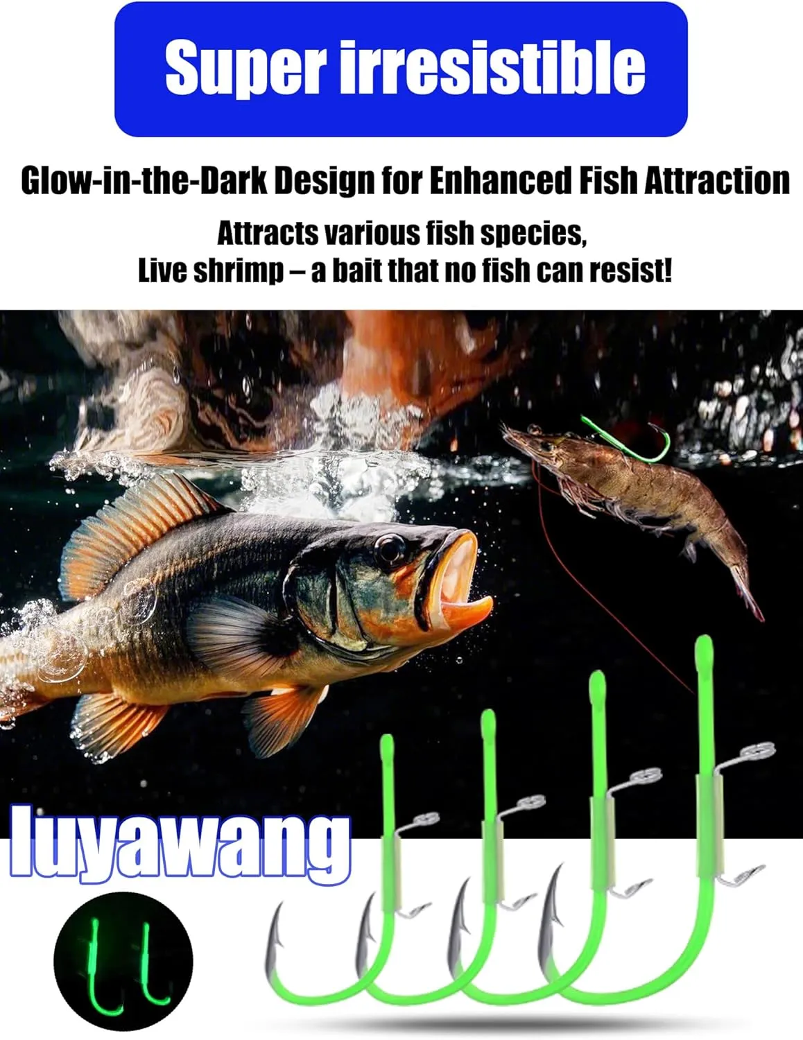 10/40 Packs Luminous Live Shrimp Hooks - High Carbon Steel, Barbed, Saltwater Resistant, Ideal for Bass, Groupers, Pike & More