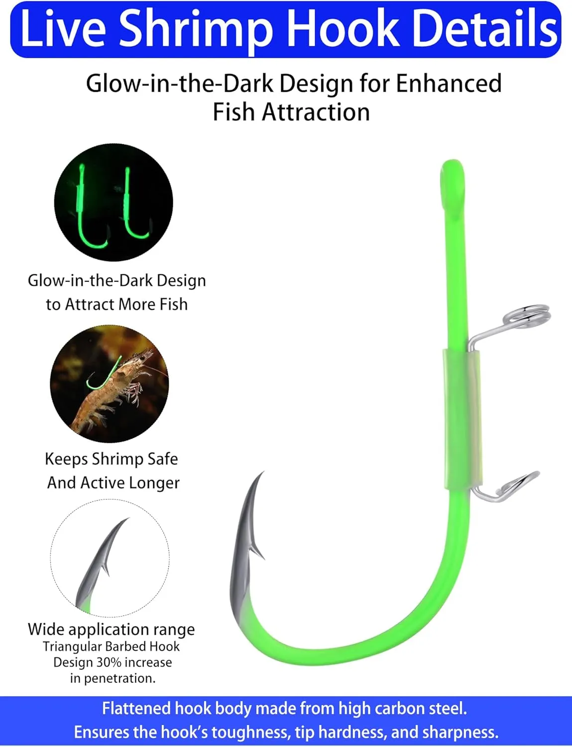 10/40 Packs Luminous Live Shrimp Hooks - High Carbon Steel, Barbed, Saltwater Resistant, Ideal for Bass, Groupers, Pike & More