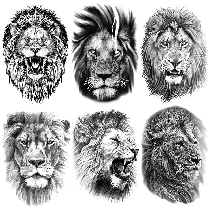 6 Sheets Large 3D Black Lion Face Temporary Tattoos for Men Women, Half Arm Sleeve Tattoo Stickers for Teens Adults, Waterproof Black Lion King Fake Tattoo