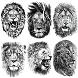 6 Sheets Large 3D Black Lion Face Temporary Tattoos for Men Women, Half Arm Sleeve Tattoo Stickers for Teens Adults, Waterproof Black Lion King Fake Tattoo