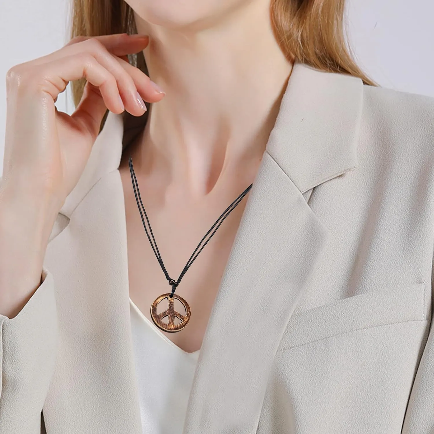 Adjustable Love Peace Symbol Sign Pendant Necklace with Organic Wood Hippie Accessories Hippie Costume for Women Men 60s or 70s Jewelry