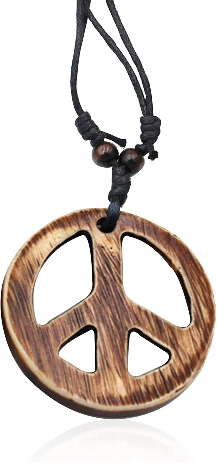 Adjustable Love Peace Symbol Sign Pendant Necklace with Organic Wood Hippie Accessories Hippie Costume for Women Men 60s or 70s Jewelry