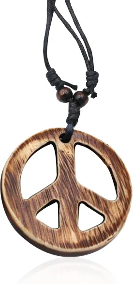 Adjustable Love Peace Symbol Sign Pendant Necklace with Organic Wood Hippie Accessories Hippie Costume for Women Men 60s or 70s Jewelry