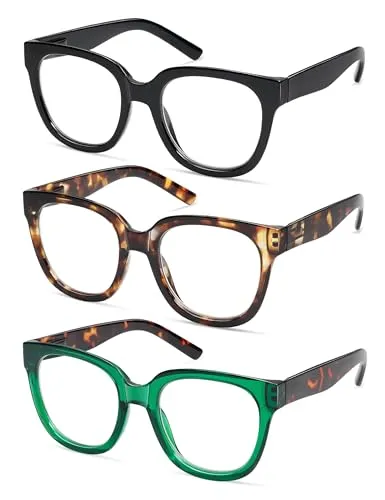 AMOMOMA 3 Pack Oversized Square Reading Glasses for Women,Stylish Retro Cute Blue Light Computer Womens Readers AM6122C1 C2 C3 0.0