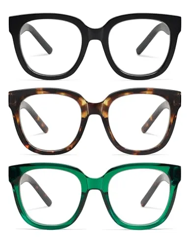 AMOMOMA 3 Pack Oversized Square Reading Glasses for Women,Stylish Retro Cute Blue Light Computer Womens Readers AM6122C1 C2 C3 0.0