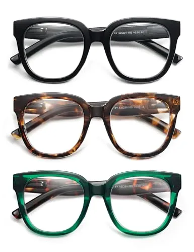 AMOMOMA 3 Pack Oversized Square Reading Glasses for Women,Stylish Retro Cute Blue Light Computer Womens Readers AM6122C1 C2 C3 0.0