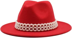Autumn and Winter High-Grade Pearl Woolen Hat Flat Brim and Big Brim Hat Europe and America Woolen Felt Hat Fengyan Cowboy Hats (Color : Rose Red, Size : 56-58cm)