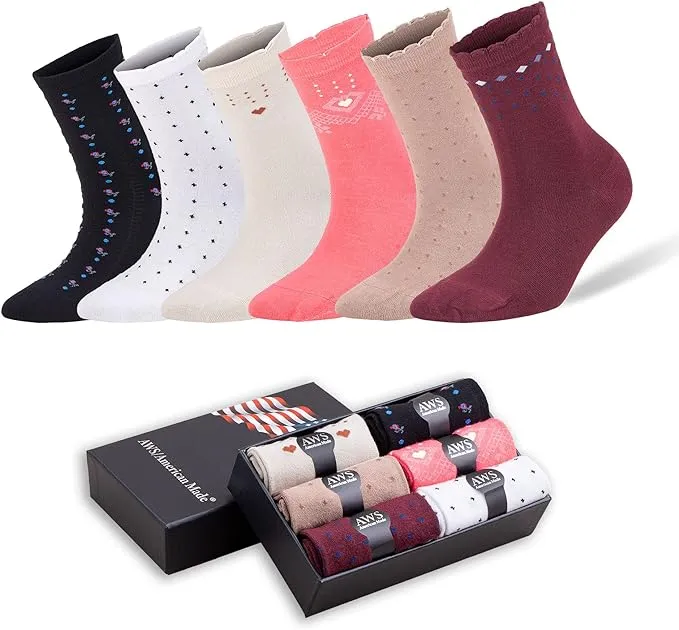 Bamboo Crew Socks for Women Size 6-9 Seamless Toe 6 Pairs with Gift Box