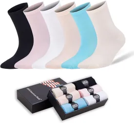 Bamboo Crew Socks for Women Size 6-9 Seamless Toe 6 Pairs with Gift Box