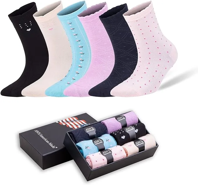 Bamboo Crew Socks for Women Size 6-9 Seamless Toe 6 Pairs with Gift Box
