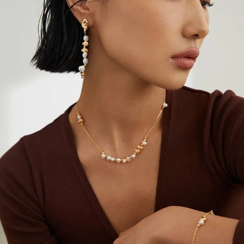 Beaded Baroque Pearl Earrings with Silver Beans