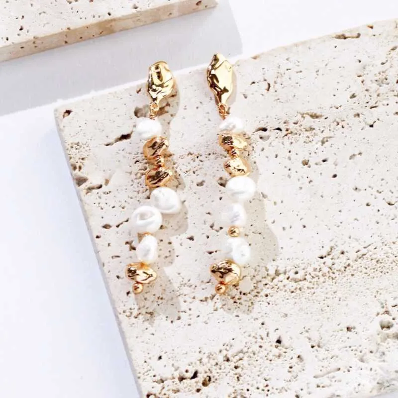 Beaded Baroque Pearl Earrings with Silver Beans