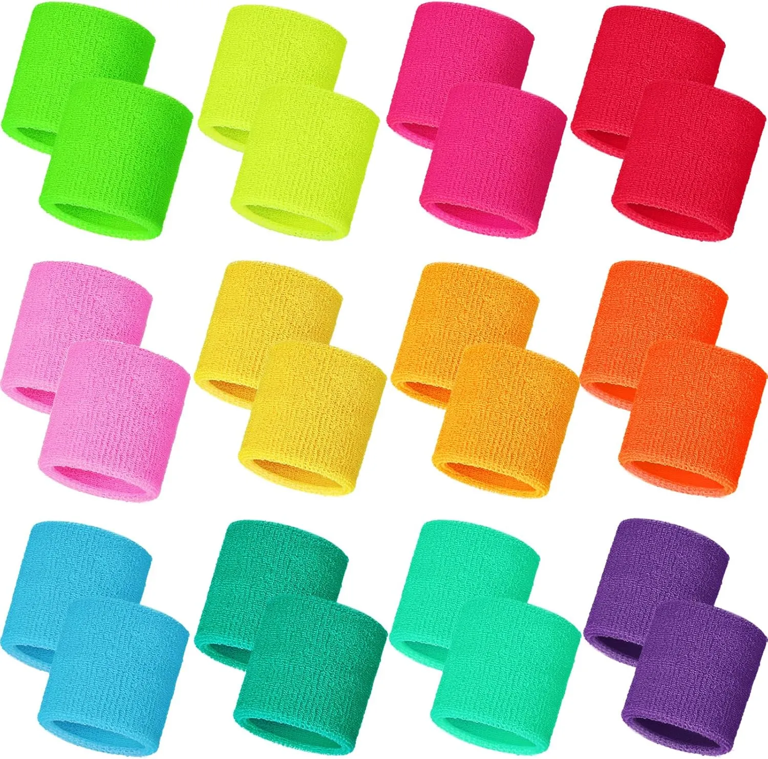 Bememo 24 Pcs Neon Wristbands for Kids End of The Year Student Gifts Bulk Tennis Wrist Sweatbands 80s Neon Youth Basketball Wrist Bands for Boys Girls 90s Glow Party School Supplies
