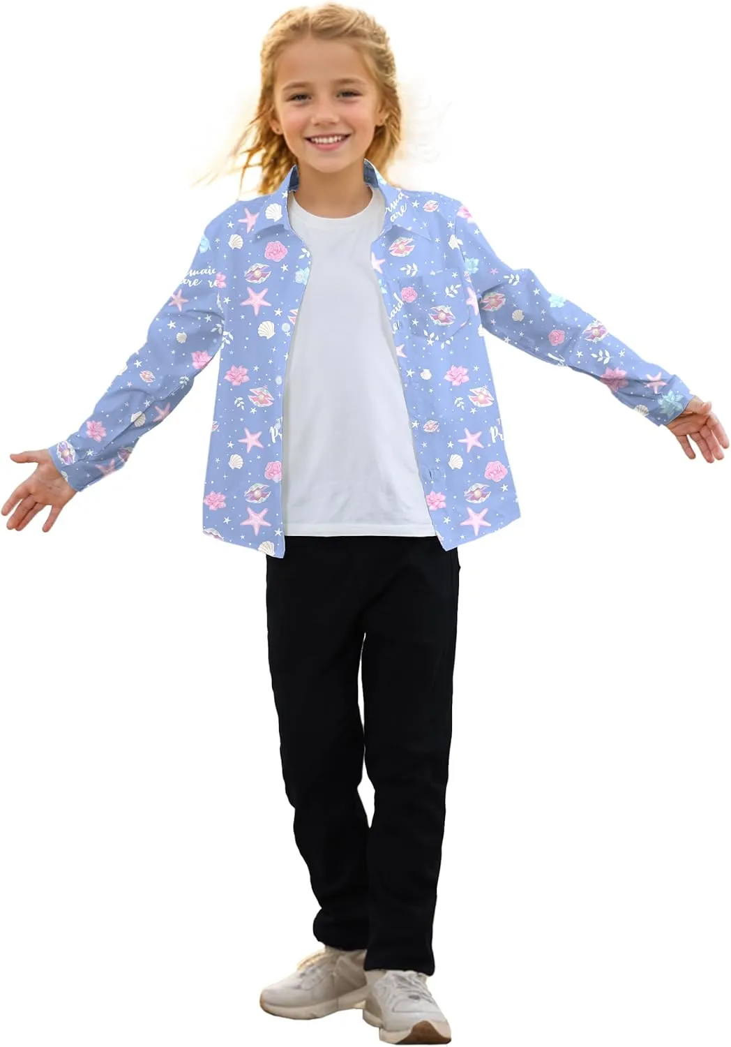 Betusline Girl's and Women's Floral Print Shirt, Kids and Womens Long Sleeve Button Shirts Tops