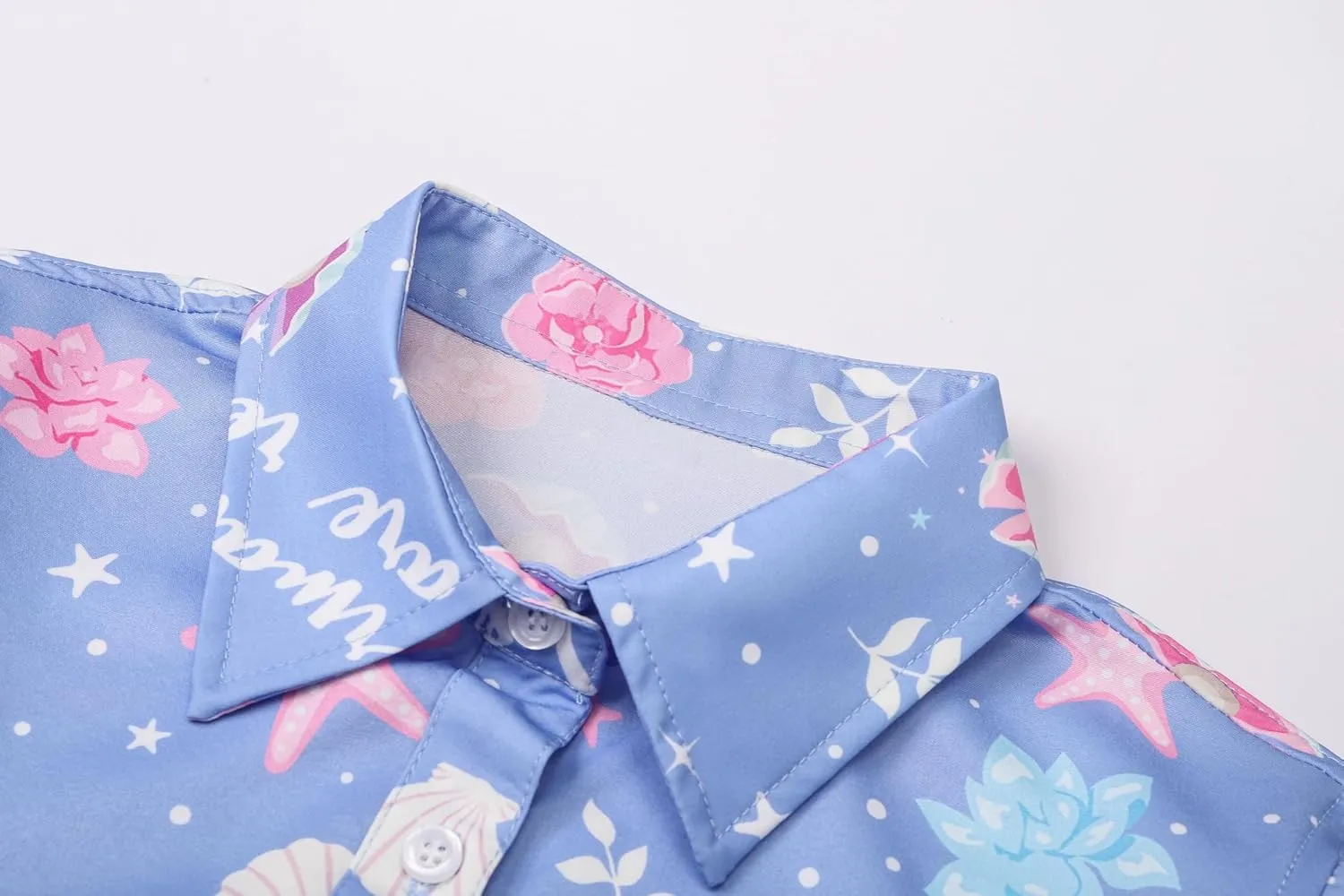Betusline Girl's and Women's Floral Print Shirt, Kids and Womens Long Sleeve Button Shirts Tops