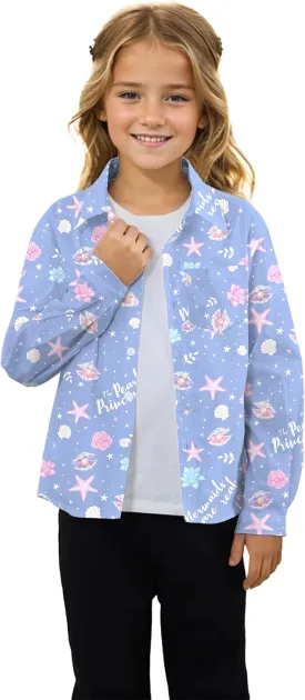 Betusline Girl's and Women's Floral Print Shirt, Kids and Womens Long Sleeve Button Shirts Tops