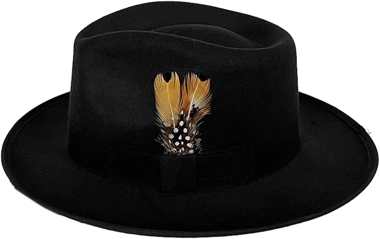 Black Fedora Hat for Men Women Party Hat with Feather Costume Flat Top Hat Cosplay Cap