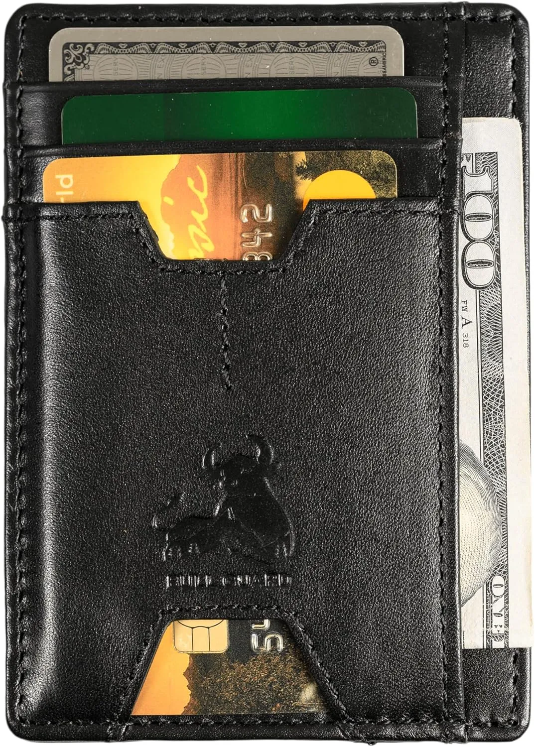 BULL GUARD Mens RFID Blocking Leather Slim Card Case Wallet with Easy Access ID windows, Cash & Card Slots, Crafted with Premium Top Grain Leather Ideal for Travel or Everyday Use (Nappa Black)