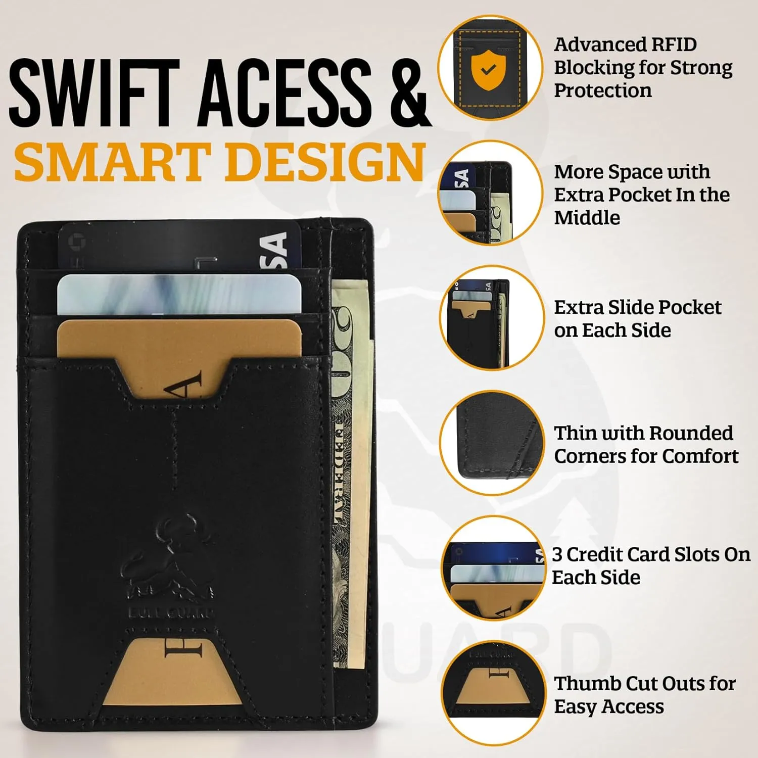 BULL GUARD Mens RFID Blocking Leather Slim Card Case Wallet with Easy Access ID windows, Cash & Card Slots, Crafted with Premium Top Grain Leather Ideal for Travel or Everyday Use (Nappa Black)