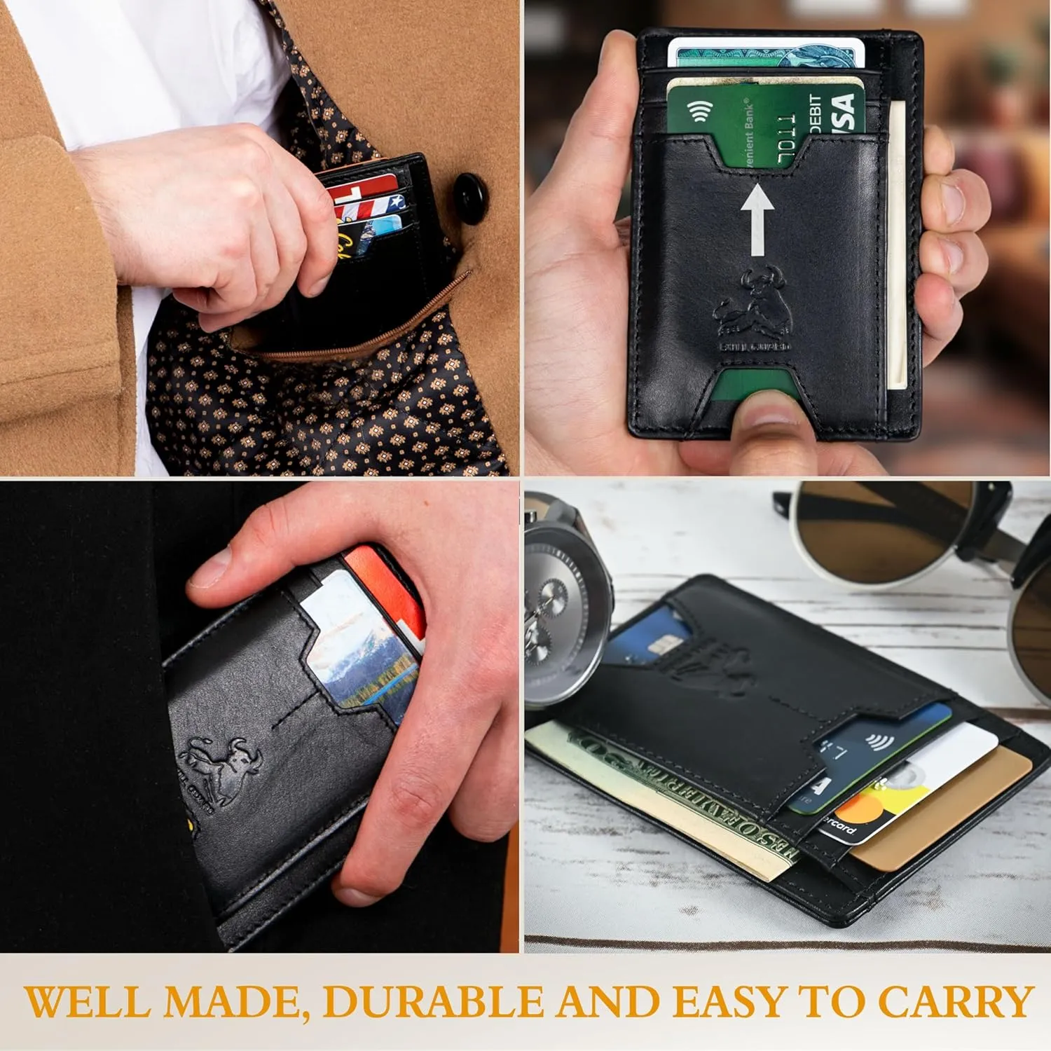 BULL GUARD Mens RFID Blocking Leather Slim Card Case Wallet with Easy Access ID windows, Cash & Card Slots, Crafted with Premium Top Grain Leather Ideal for Travel or Everyday Use (Nappa Black)