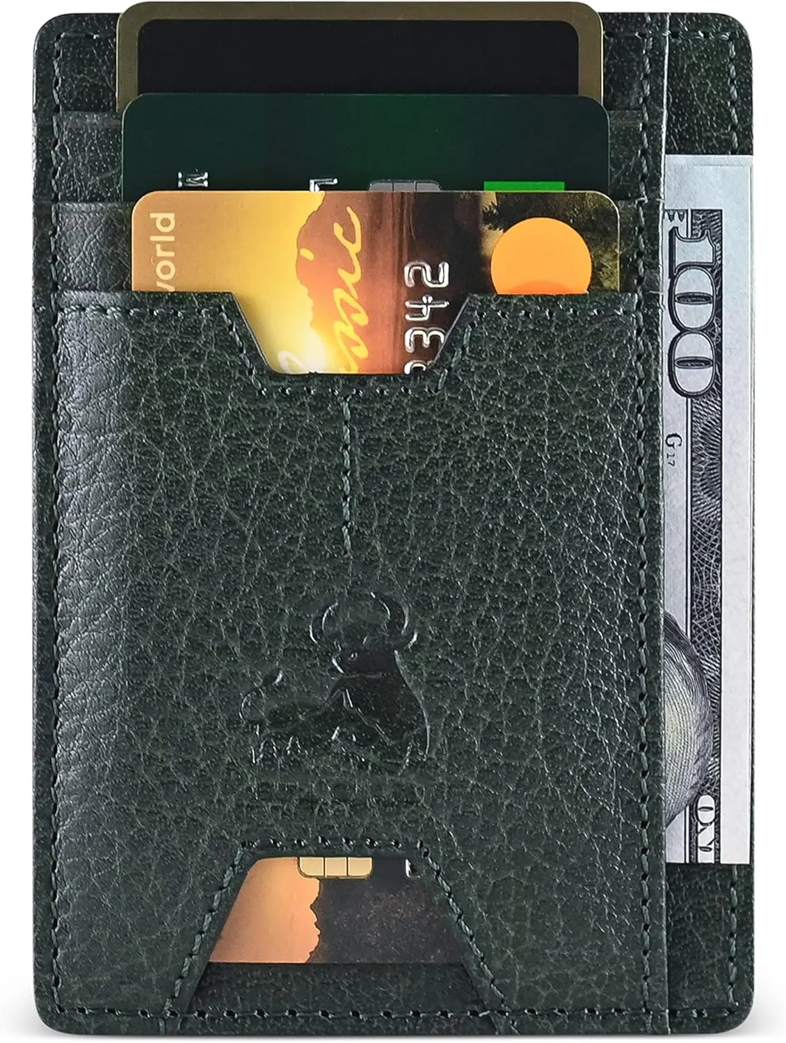 BULL GUARD Mens RFID Blocking Leather Slim Card Case Wallet with Easy Access ID windows, Cash & Card Slots, Crafted with Premium Top Grain Leather Ideal for Travel or Everyday Use (Wild Buffalo Green)