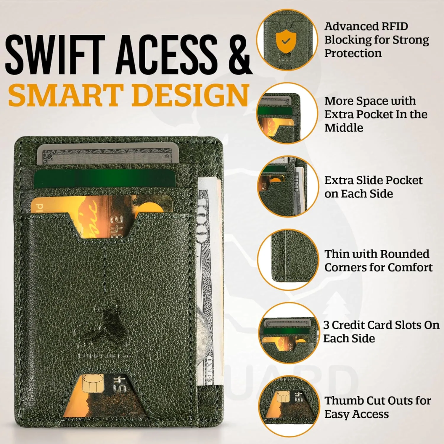 BULL GUARD Mens RFID Blocking Leather Slim Card Case Wallet with Easy Access ID windows, Cash & Card Slots, Crafted with Premium Top Grain Leather Ideal for Travel or Everyday Use (Wild Buffalo Green)