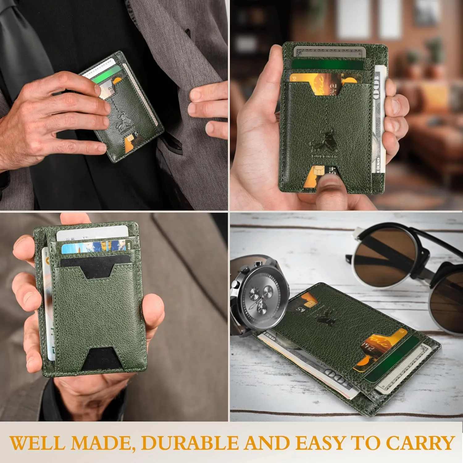 BULL GUARD Mens RFID Blocking Leather Slim Card Case Wallet with Easy Access ID windows, Cash & Card Slots, Crafted with Premium Top Grain Leather Ideal for Travel or Everyday Use (Wild Buffalo Green)