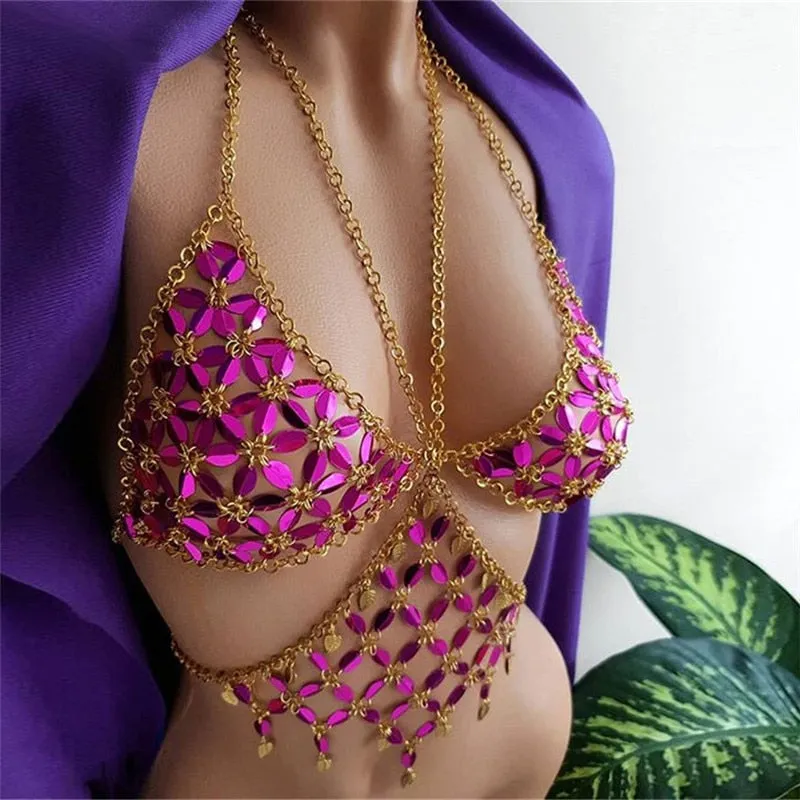 Crystal Rhinestones Flowers Pattern Body Chain