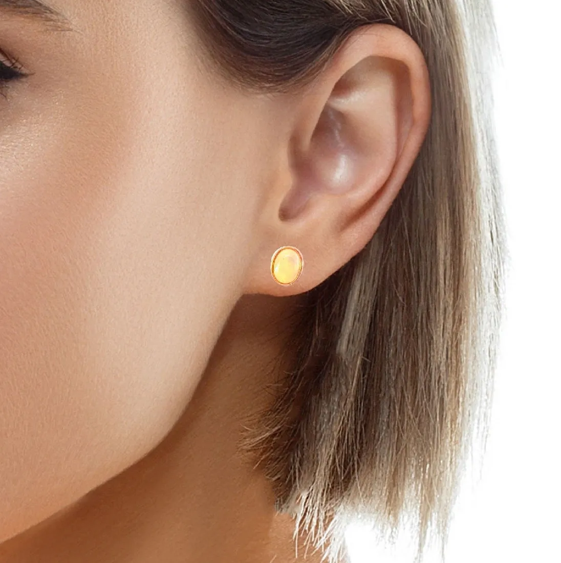 Dainty Rose Gold Plated Opal Stud Earrings, 8x6mm White Opal, Handmade Minimalist Jewelry, Perfect Birthstone Gift for Her 8x6mm