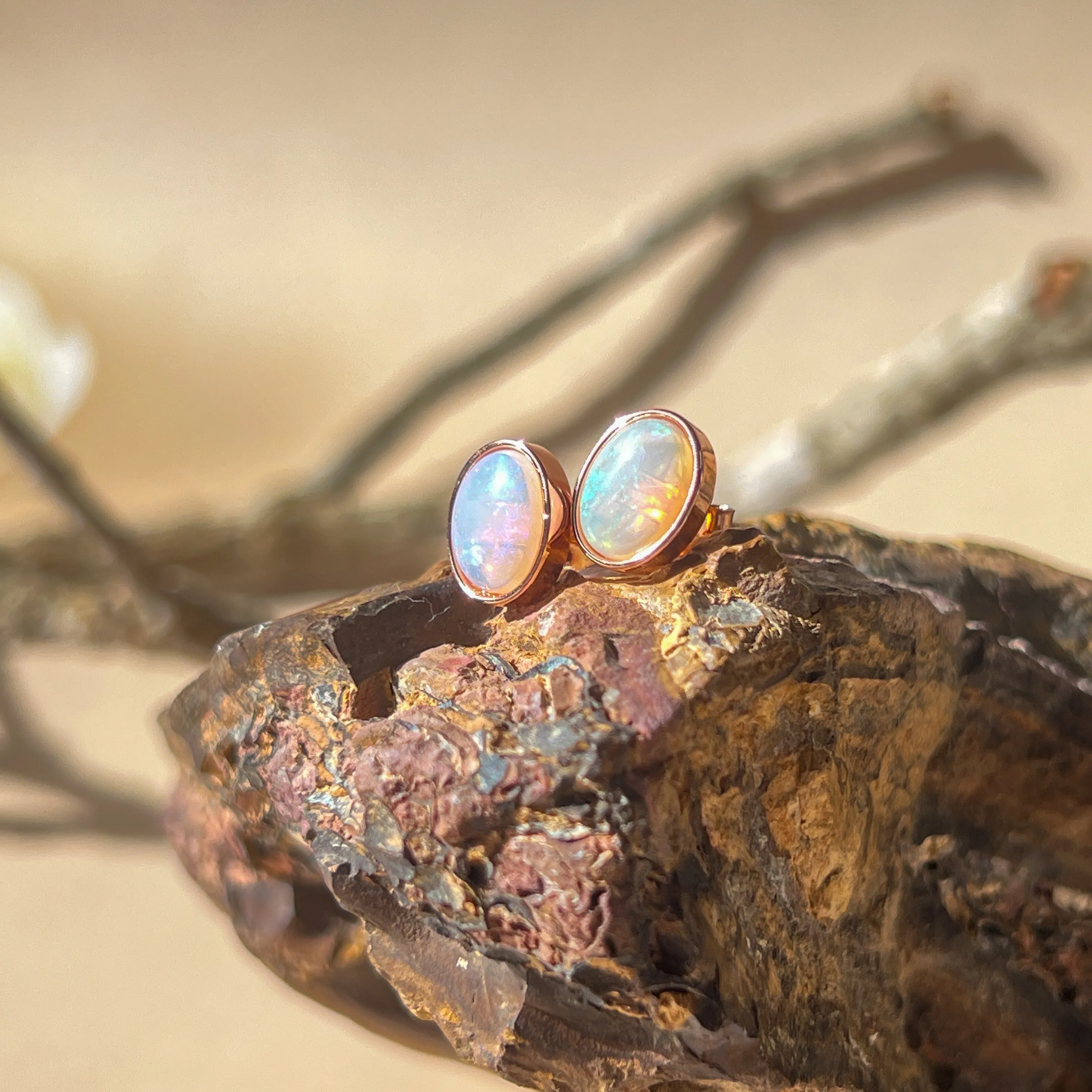 Dainty Rose Gold Plated Opal Stud Earrings, 8x6mm White Opal, Handmade Minimalist Jewelry, Perfect Birthstone Gift for Her 8x6mm