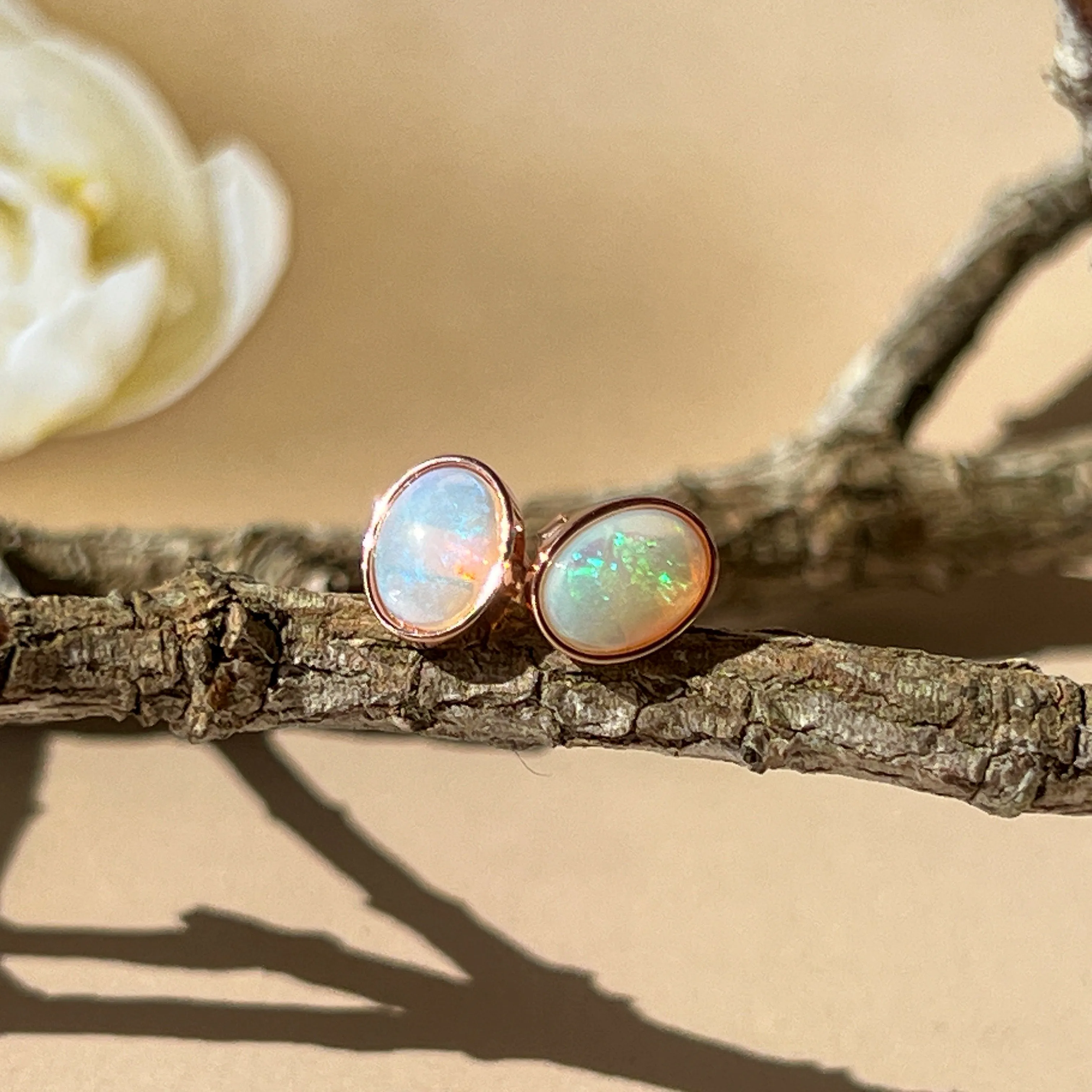 Dainty Rose Gold Plated Opal Stud Earrings, 8x6mm White Opal, Handmade Minimalist Jewelry, Perfect Birthstone Gift for Her 8x6mm