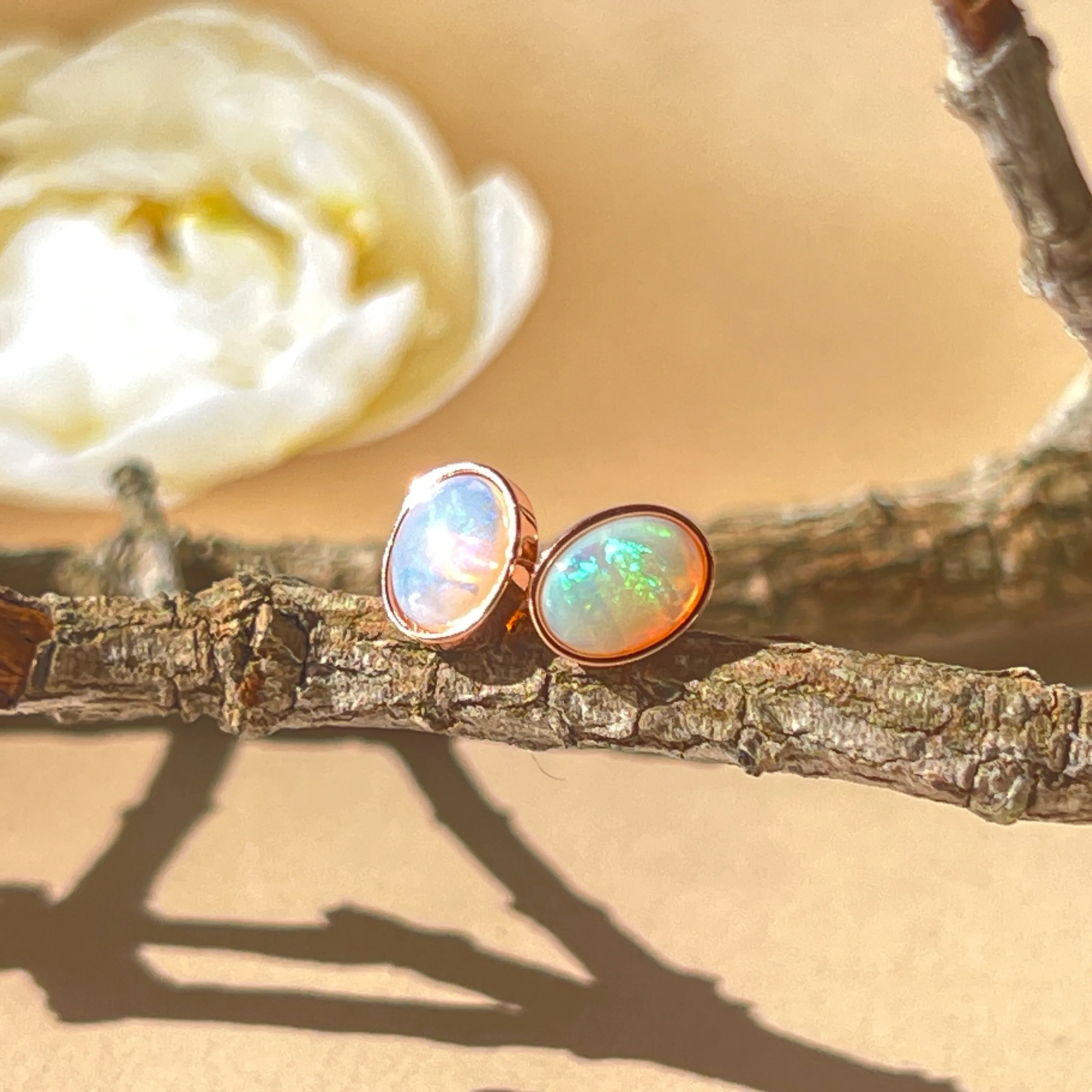 Dainty Rose Gold Plated Opal Stud Earrings, 8x6mm White Opal, Handmade Minimalist Jewelry, Perfect Birthstone Gift for Her 8x6mm