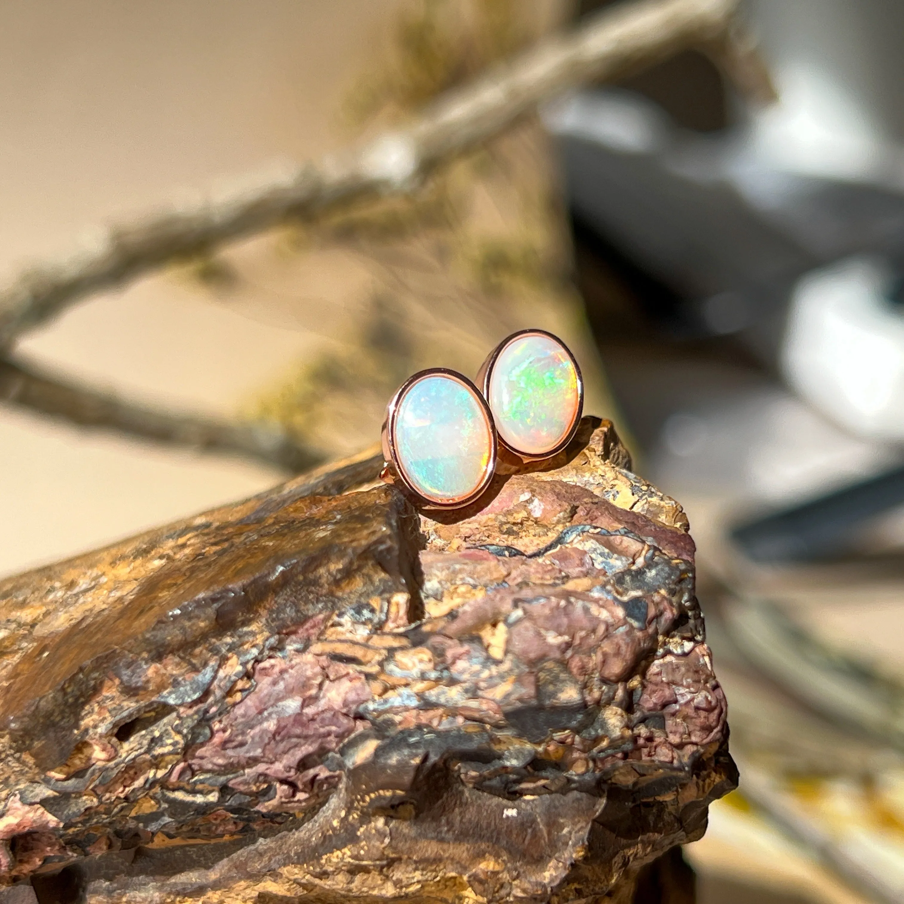 Dainty Rose Gold Plated Opal Stud Earrings, 8x6mm White Opal, Handmade Minimalist Jewelry, Perfect Birthstone Gift for Her 8x6mm
