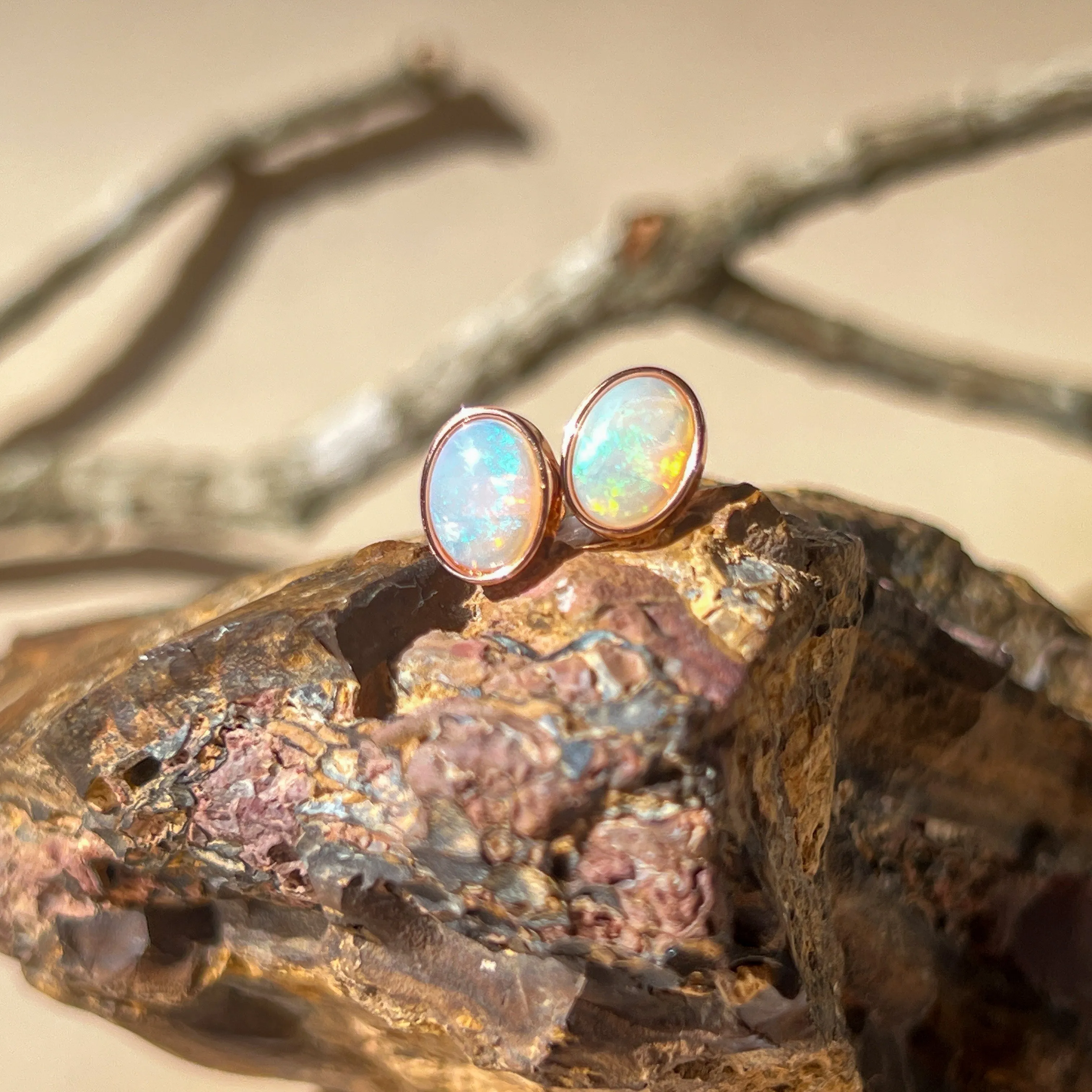Dainty Rose Gold Plated Opal Stud Earrings, 8x6mm White Opal, Handmade Minimalist Jewelry, Perfect Birthstone Gift for Her 8x6mm