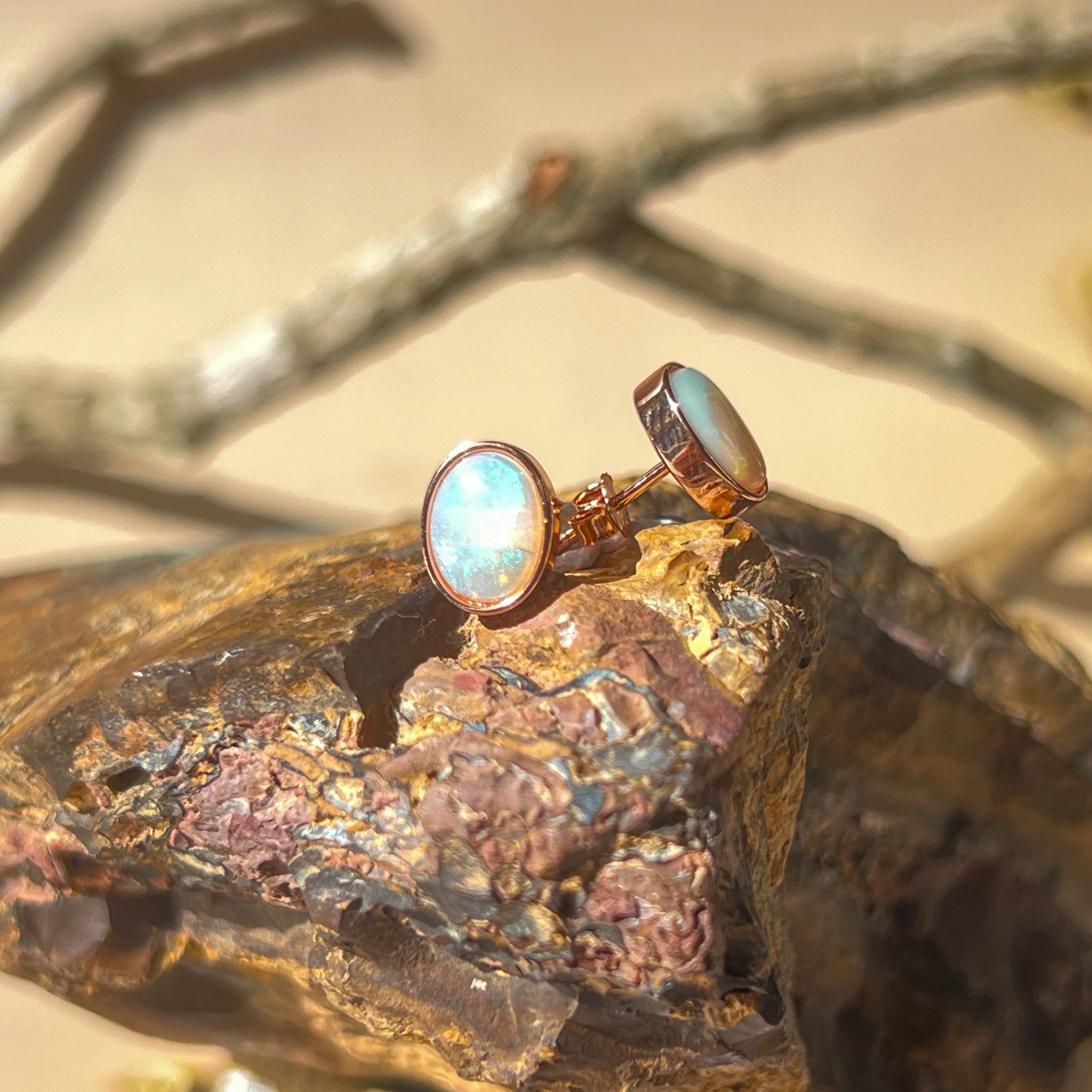 Dainty Rose Gold Plated Opal Stud Earrings, 8x6mm White Opal, Handmade Minimalist Jewelry, Perfect Birthstone Gift for Her 8x6mm