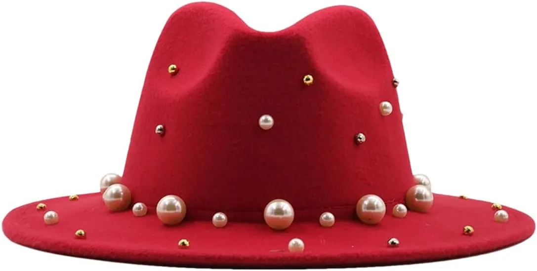 Dcvmvmn Women Men Wool Fedora Hat with Pearl Gentleman Winter Wide Brim Church Panama Sombrero Jazz Cap