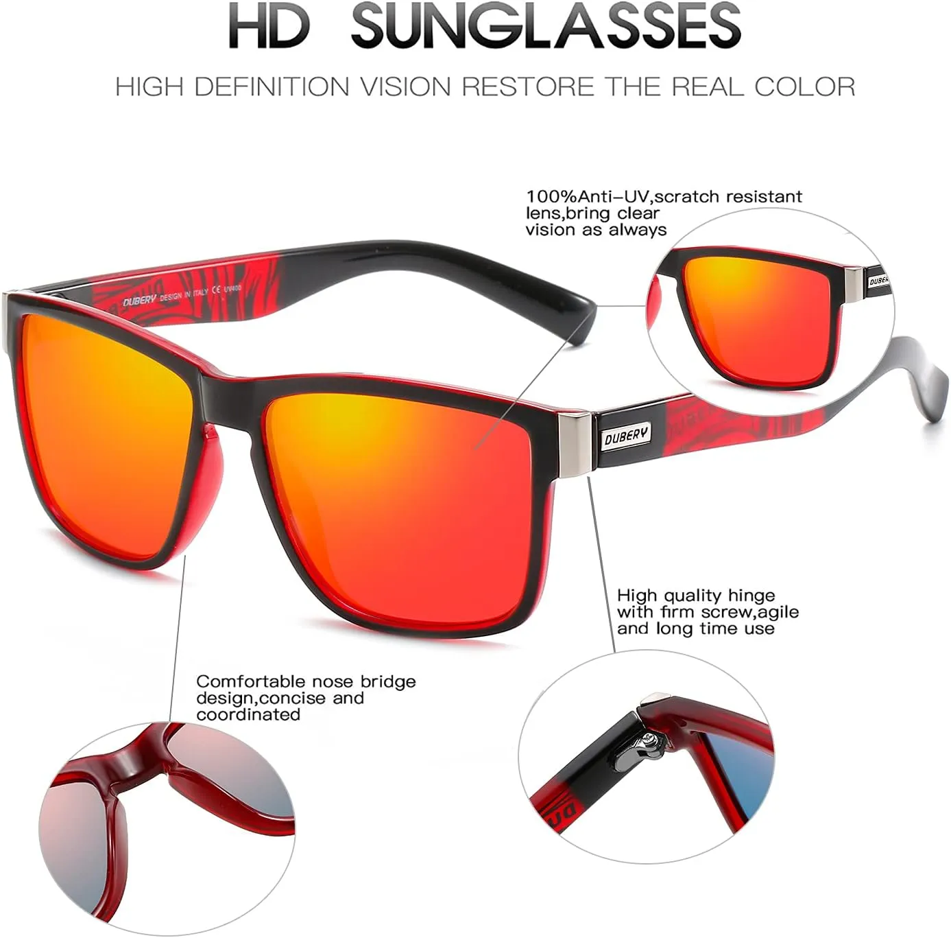 DUBERY Vintage Polarized Sunglasses for Men Women Retro Square Sun Glasses D518