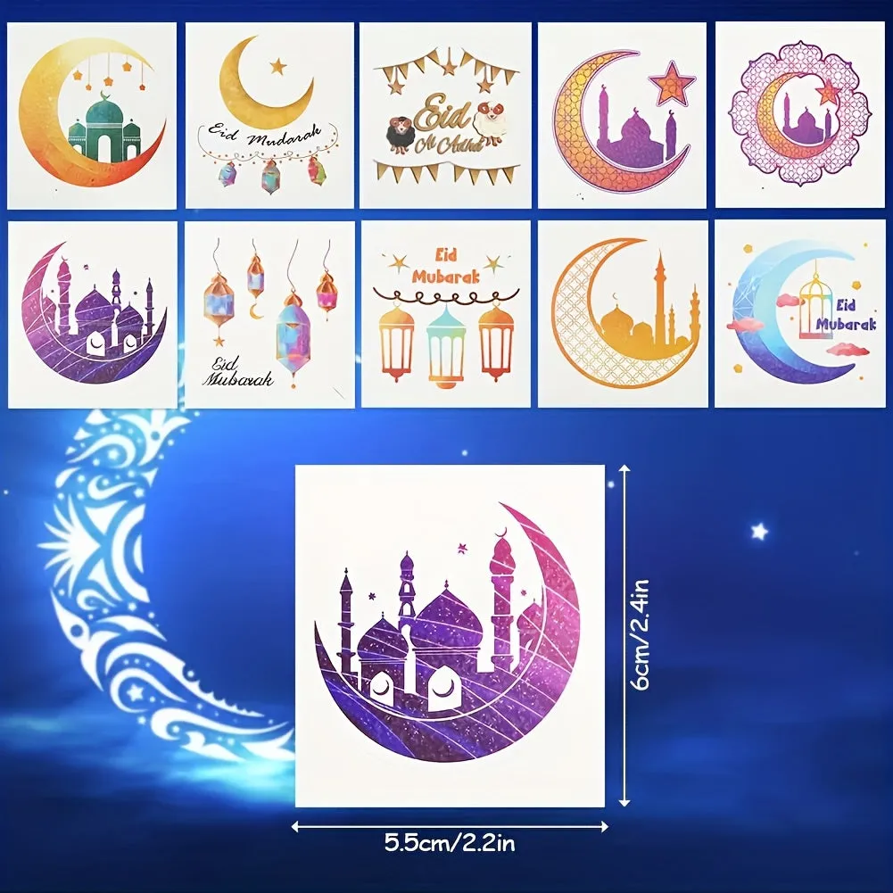 Eid Mubarak Temporary Tattoos, Islamic Moon & Ramadan Themed Stickers - 10pcs