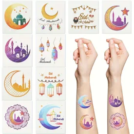 Eid Mubarak Temporary Tattoos, Islamic Moon & Ramadan Themed Stickers - 10pcs