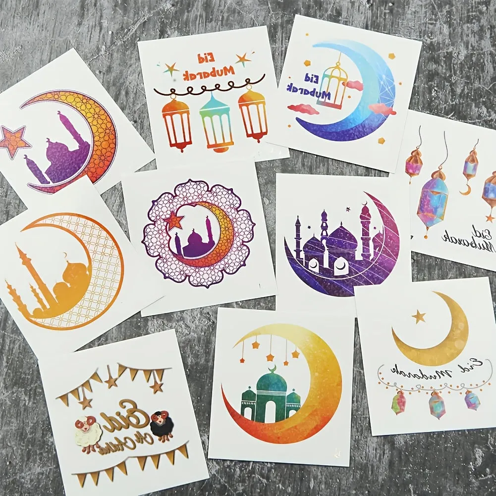 Eid Mubarak Temporary Tattoos, Islamic Moon & Ramadan Themed Stickers - 10pcs