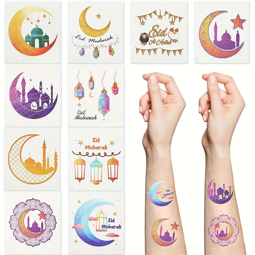Eid Mubarak Temporary Tattoos, Islamic Moon & Ramadan Themed Stickers - 10pcs