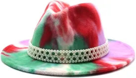 European and American Style New Felt Hat, Autumn and Winter Tie-Dyed Wool Fashion Flat Brim Jazz Hat with Pearl Belt Fengyan Cowboy Hats (Color : Rose Red, Size : 56-58cm)