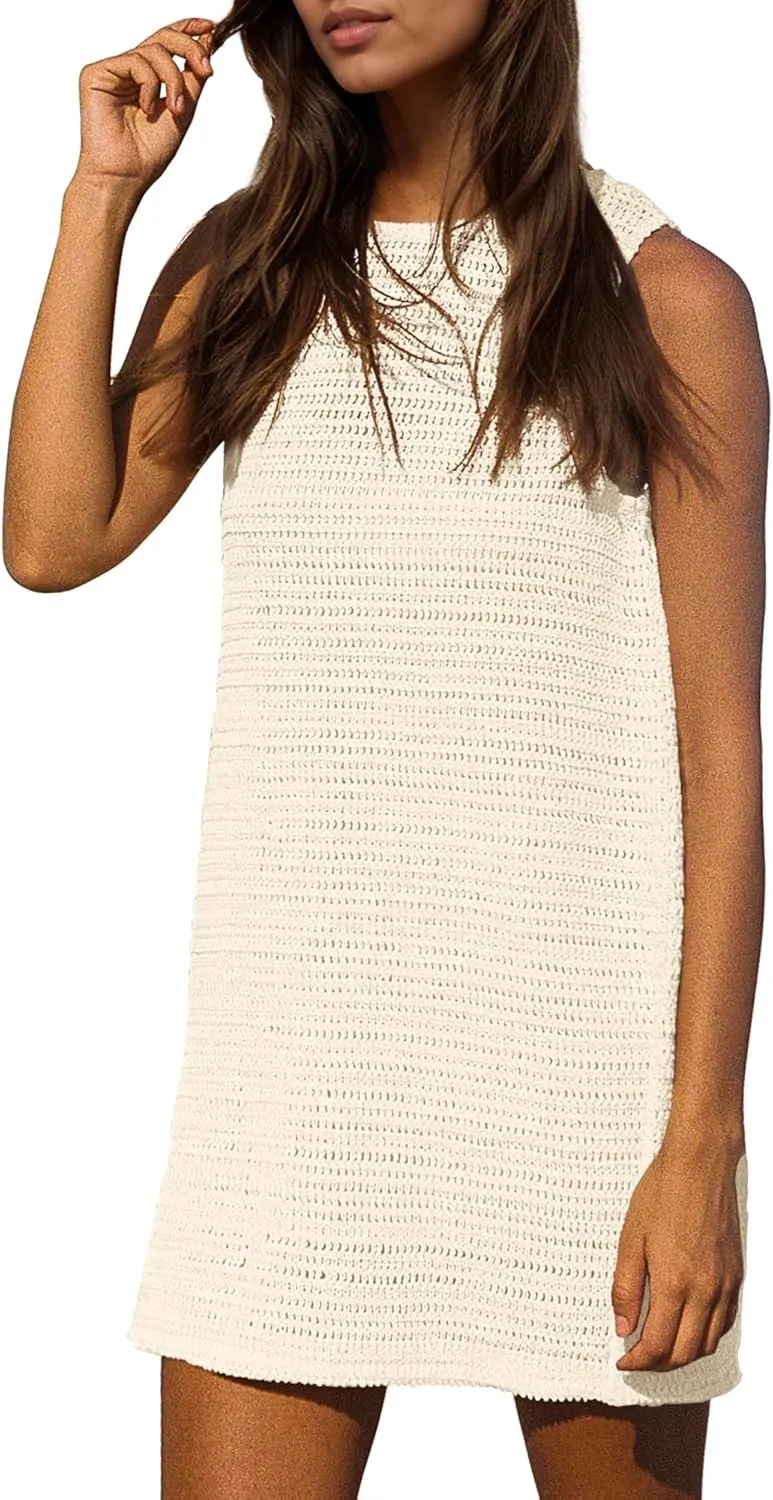 Gacaky Women's Summer Mini Dress Swimsuit Crochet Swim Cover Up Bathing Suit Swimwear Mesh Knit Beach Mini Dress