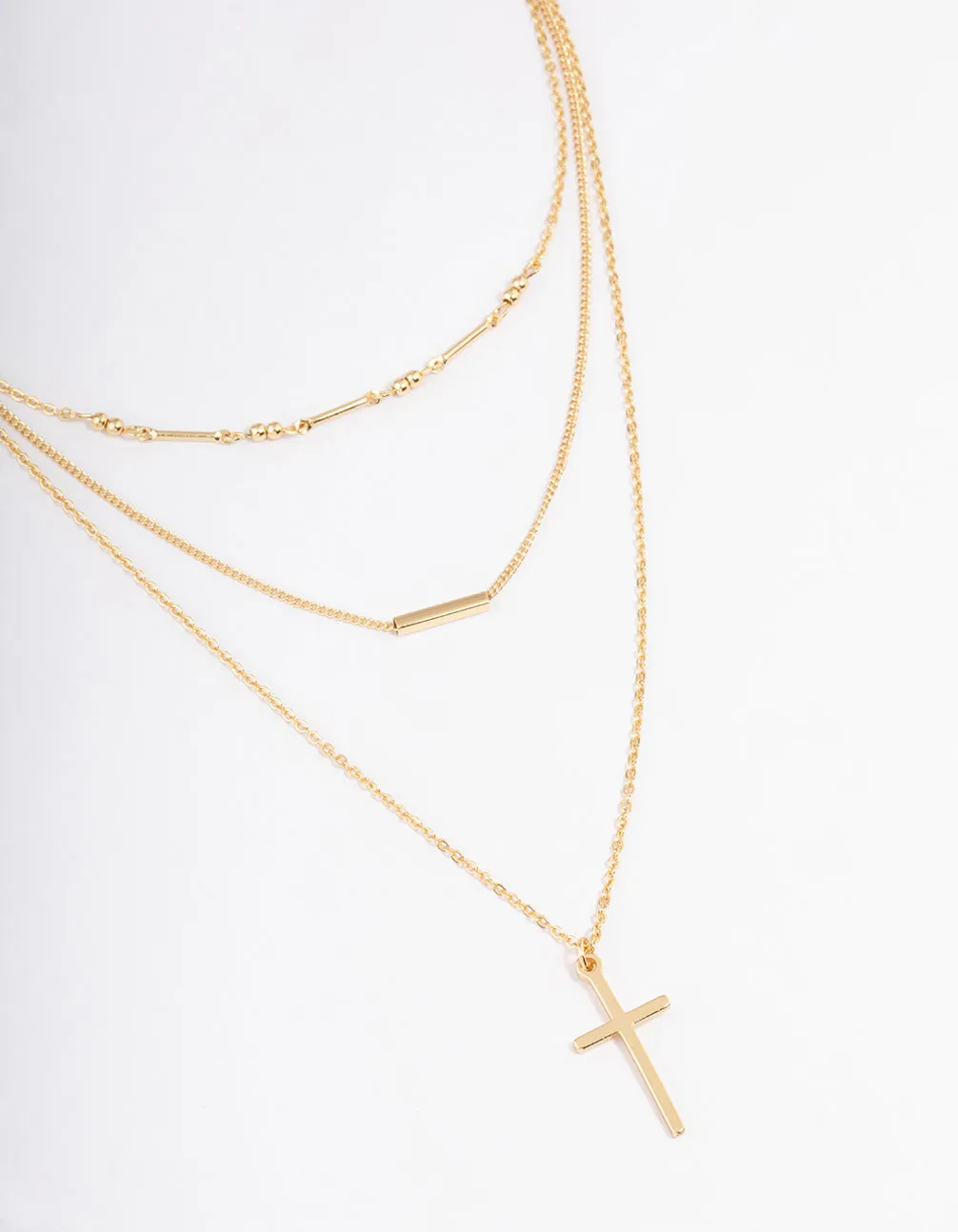 Gold Plated Layer Bar & Cross Necklace