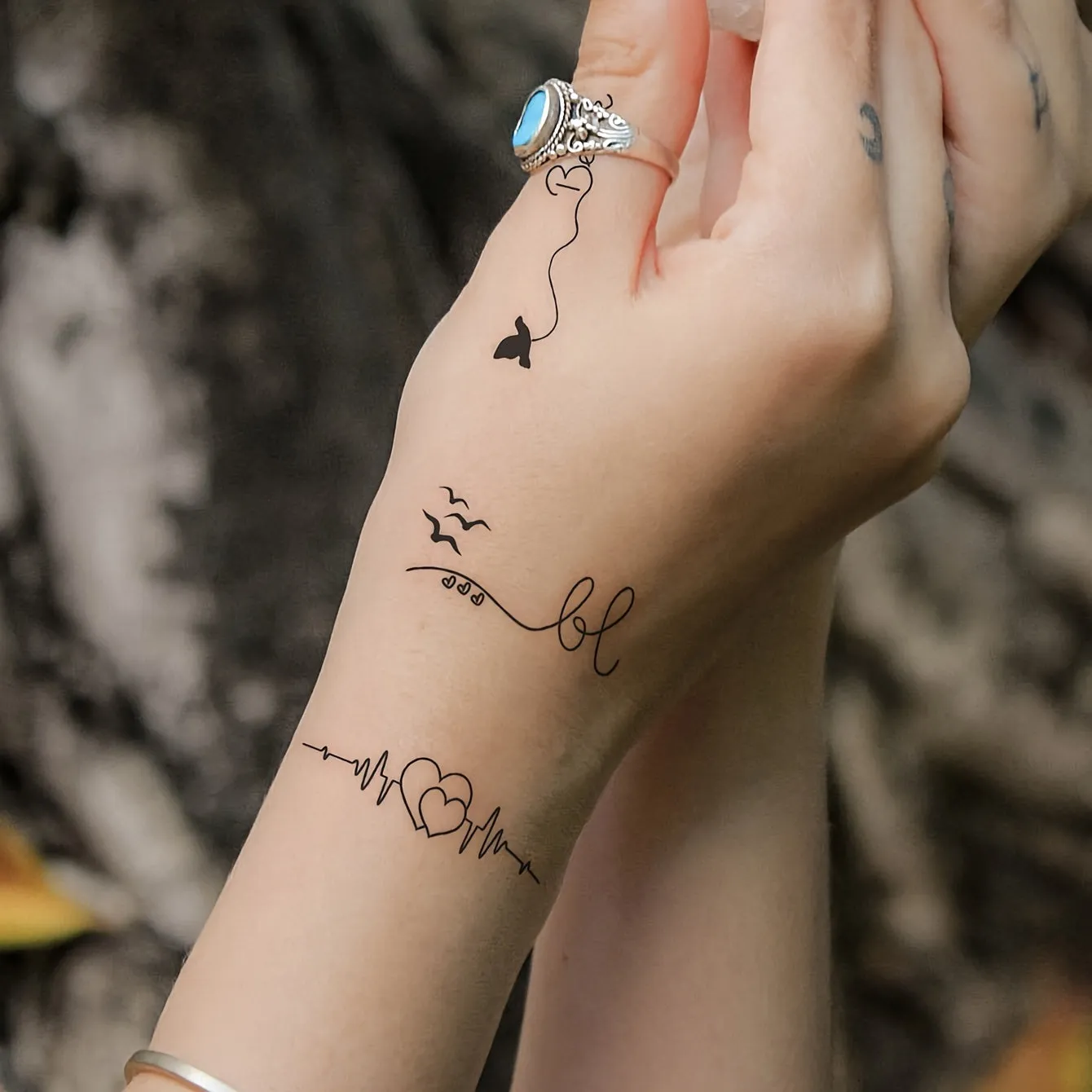 Heartbeat Love Words Butterfly Flying Bird Pattern Finger Wrist Ear Back - 6pcs