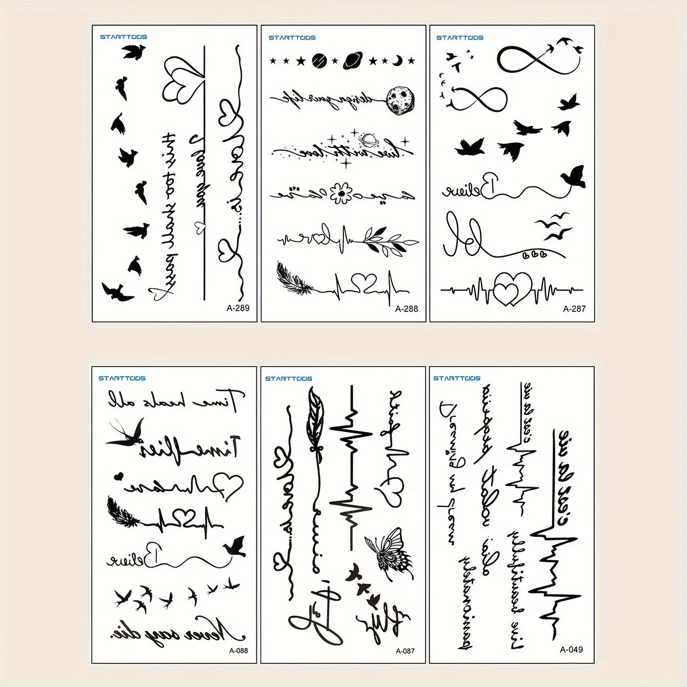 Heartbeat Love Words Butterfly Flying Bird Pattern Finger Wrist Ear Back - 6pcs