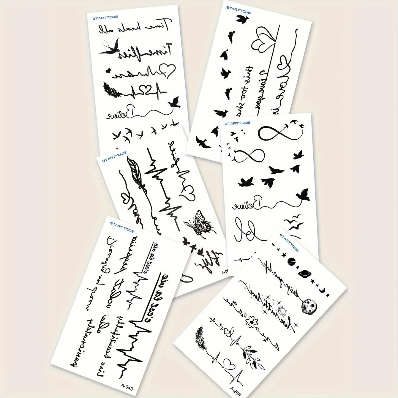 Heartbeat Love Words Butterfly Flying Bird Pattern Finger Wrist Ear Back - 6pcs