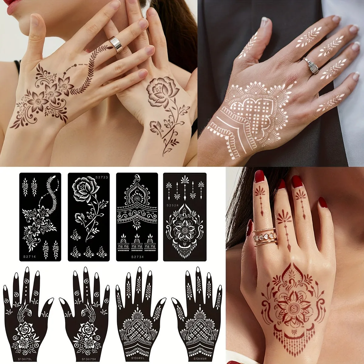 Henna Tattoo Stencils Kit - Temporary Tattoos for Hand and Body - 8 Sheets