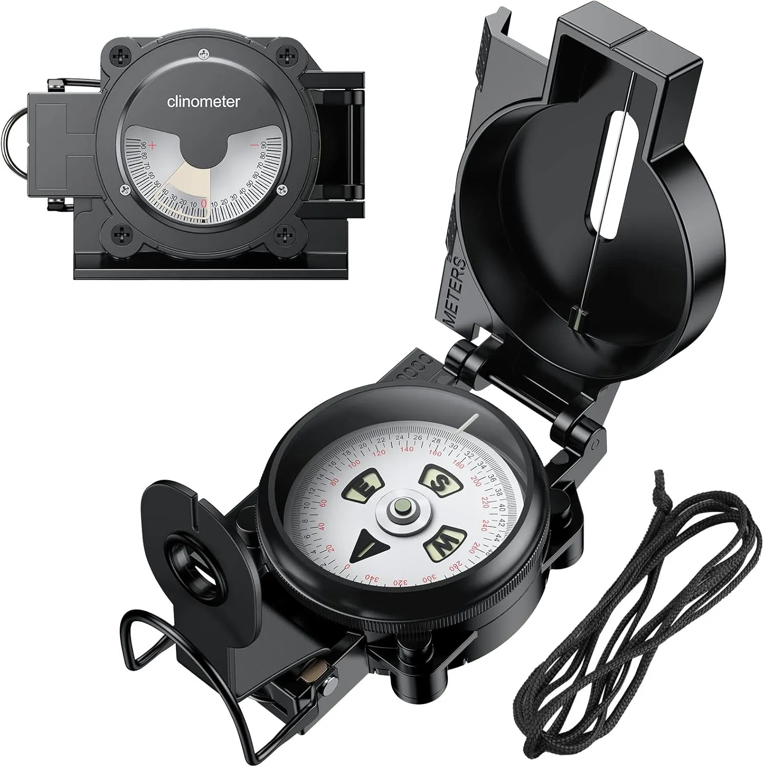 Hiking Compass with Clinometer, Strong Magnetic Intensity 3000 Gauss Military Lensatic Sighting Compass with Lanyard & Pouch, Survival Compass for Hiking Camping Hunting Outdoor (Black)