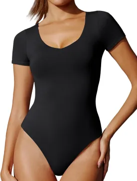 IUGA Bodysuits for Women Tummy Control Short Sleeve V Neck Body Suits for Womens Compression Slimming Thong Bodysuit